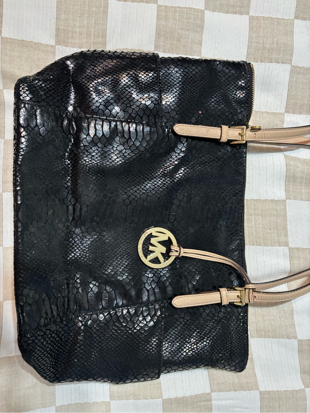 Michael Kors Black Snake-Embossed Tote with Beige Straps and Gold Logo